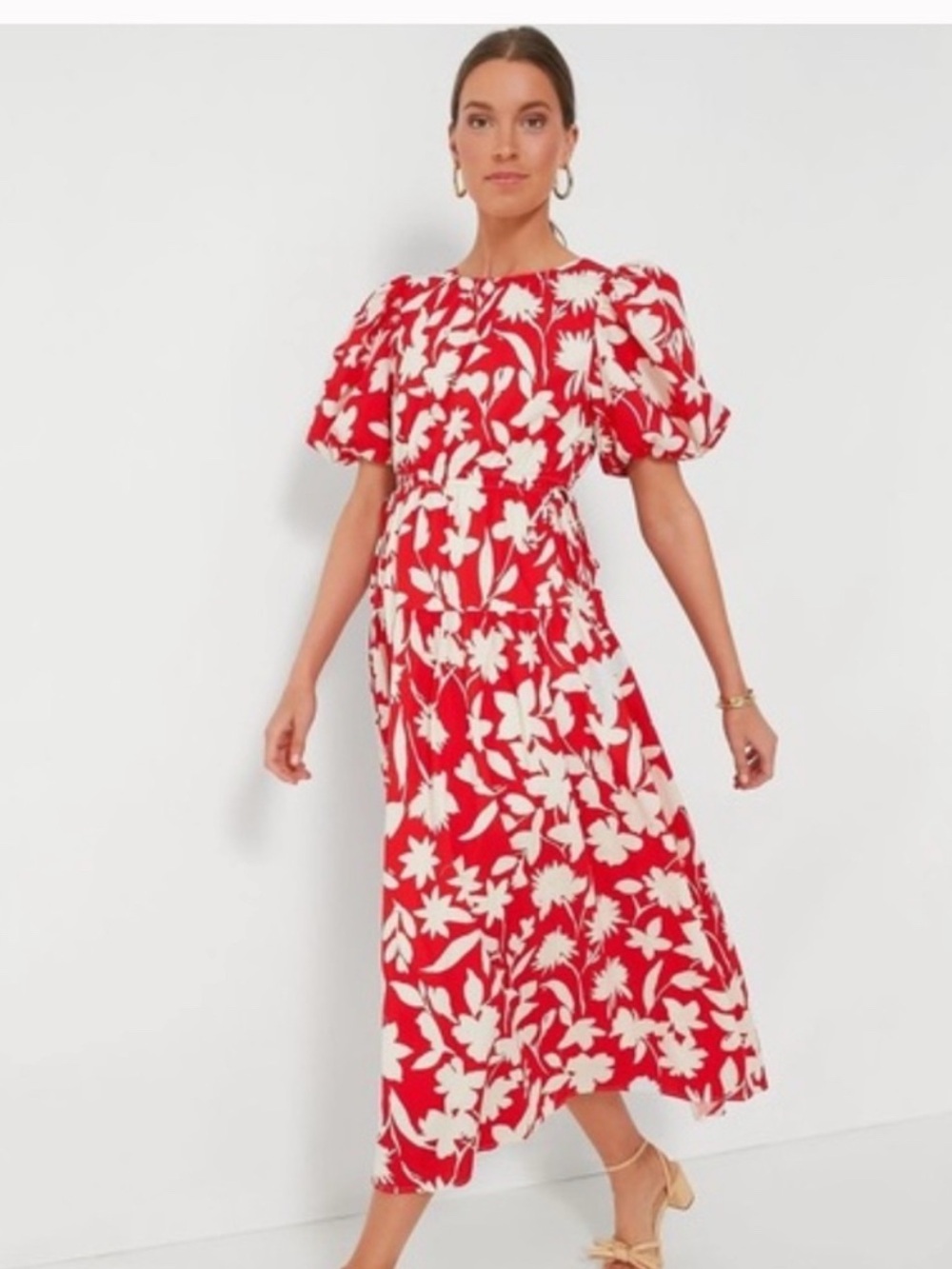 Moon River Red & Cream Floral Puff-Sleeve Midi Dress